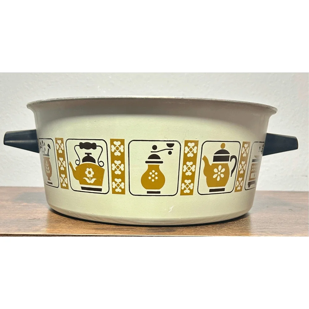 Vintage 1970s Enamel Sauce Pan Stock Pot 5 Qt MCM Coffee & Grinder Design